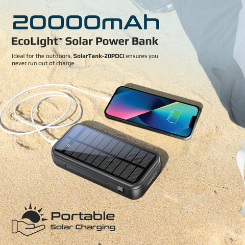 Promate SolarTank-20PDCi Solar Power Bank with 20000mAh with USB-C & Lightning Cable
