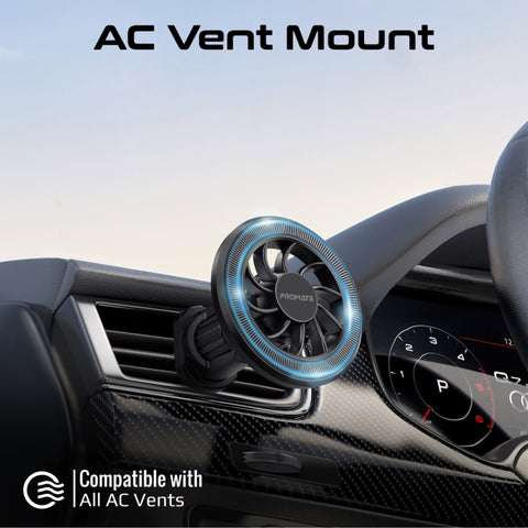 Promate Clipmount Magnetic Car Mount with N52 Powerful Magnets, Cradleless Design and 360° Rotation Metal Ring Included