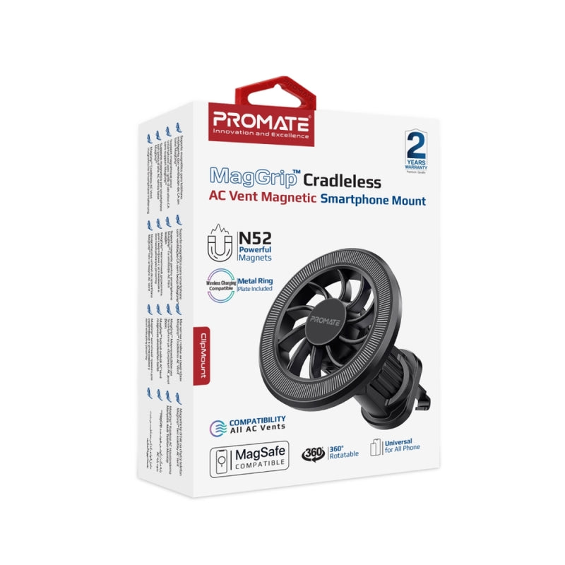 Promate Clipmount Magnetic Car Mount with N52 Powerful Magnets, Cradleless Design and 360° Rotation Metal Ring Included
