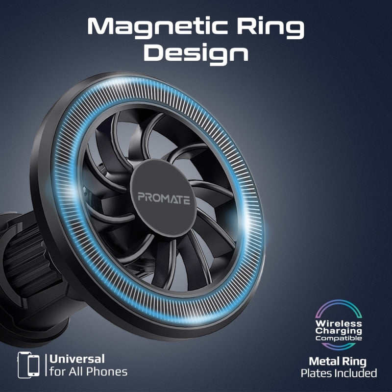 Promate Clipmount Magnetic Car Mount with N52 Powerful Magnets, Cradleless Design and 360° Rotation Metal Ring Included
