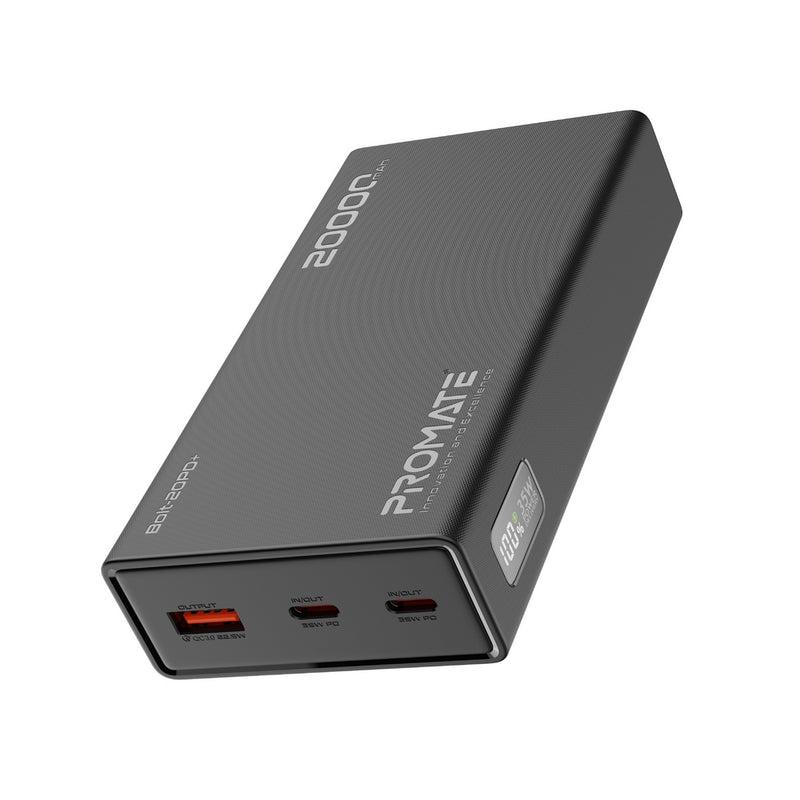 Promate Bolt-20PD+ 20000mAh Power Bank with Digital Display 35W USB-C PD & 22.5W USB-A Charging