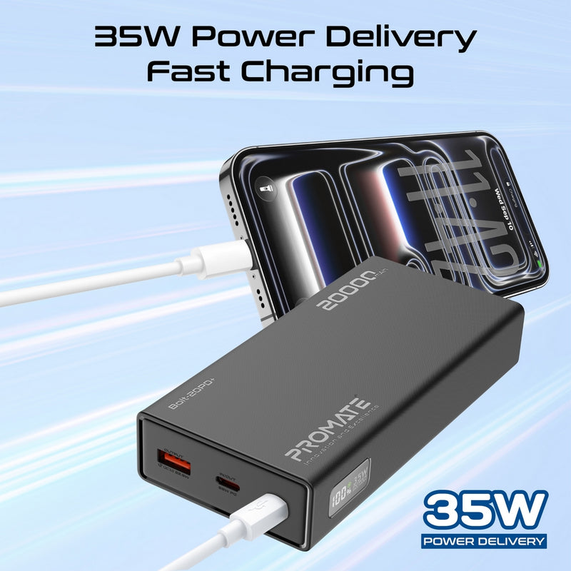 Promate Bolt-20PD+ 20000mAh Power Bank with Digital Display 35W USB-C PD & 22.5W USB-A Charging