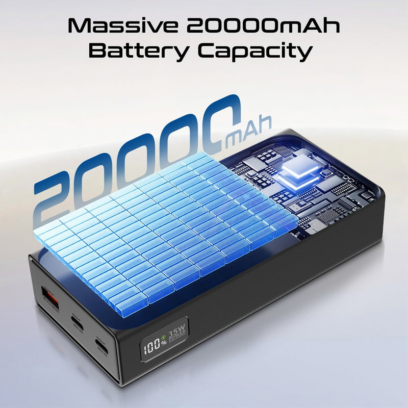 Promate Bolt-20PD+ 20000mAh Power Bank with Digital Display 35W USB-C PD & 22.5W USB-A Charging