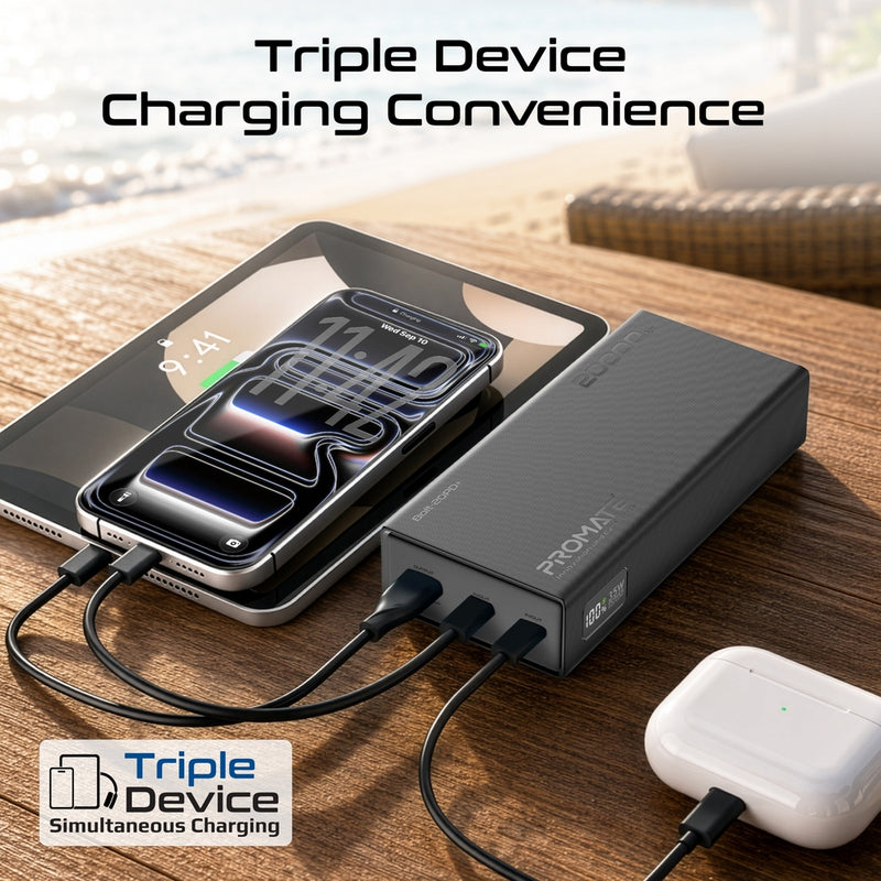 Promate Bolt-20PD+ 20000mAh Power Bank with Digital Display 35W USB-C PD & 22.5W USB-A Charging