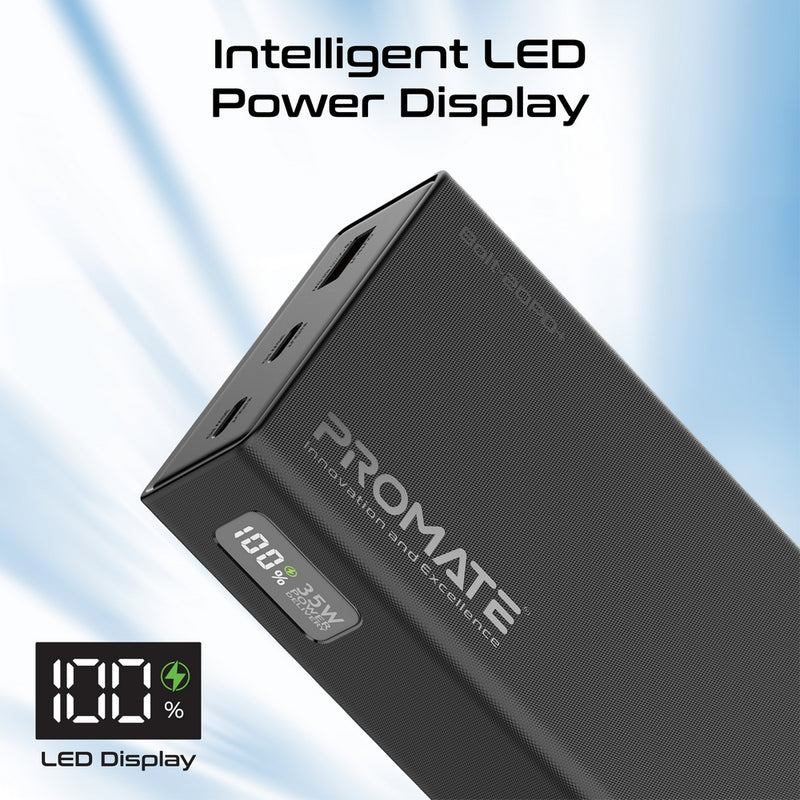 Promate Bolt-20PD+ 20000mAh Power Bank with Digital Display 35W USB-C PD & 22.5W USB-A Charging