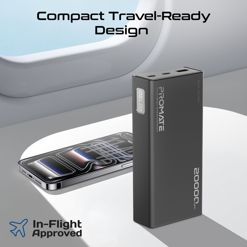 Promate Bolt-20PD+ 20000mAh Power Bank with Digital Display 35W USB-C PD & 22.5W USB-A Charging