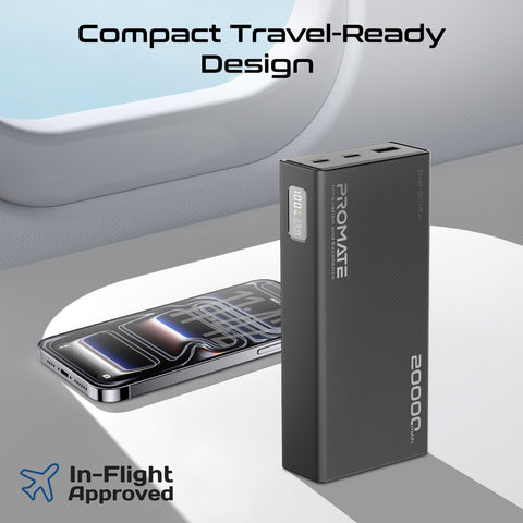 Promate Bolt-20PD+ 20000mAh Power Bank with Digital Display 35W USB-C PD & 22.5W USB-A Charging