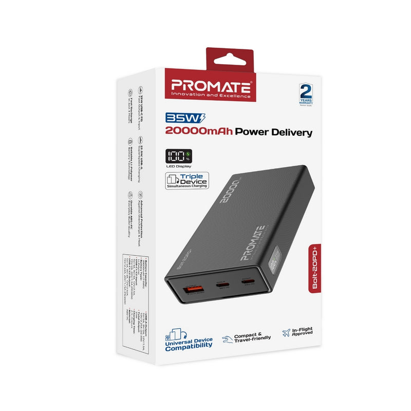 Promate Bolt-20PD+ 20000mAh Power Bank with Digital Display 35W USB-C PD & 22.5W USB-A Charging