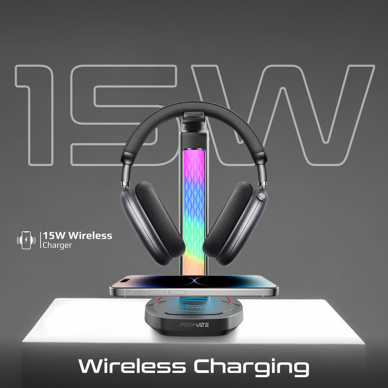 Multifunctional RGB Headset Stand with 15W Wireless Charger & USB Hub