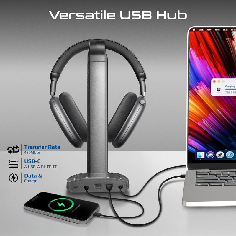 Multifunctional RGB Headset Stand with 15W Wireless Charger & USB Hub