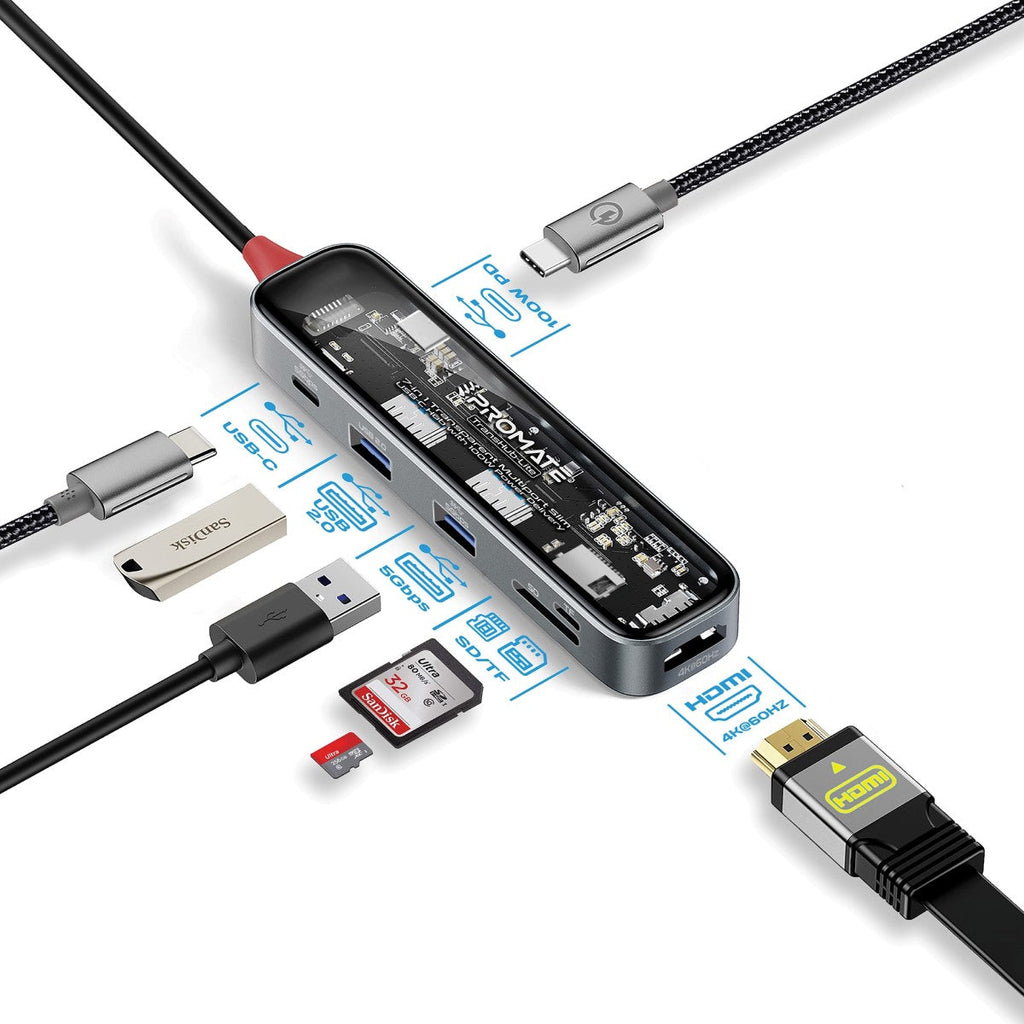 Compact Multiport Hub 7-in 1 Transparent Multiport Slim USB-C Hub with 100W Power Delivery ...