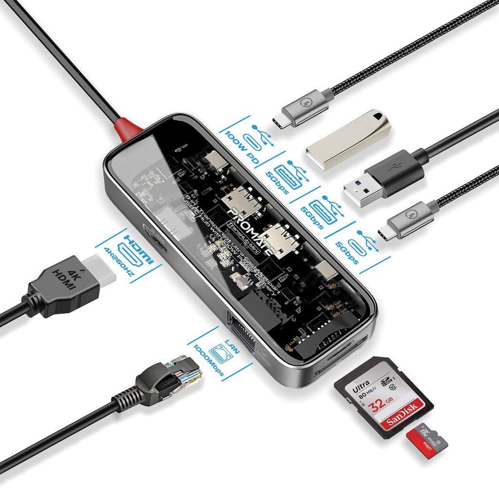 Compact Multiport Hub 8-in 1 Transparent Ultra-Fast Multiport USB-C Hub with 100W Power Deli ...
