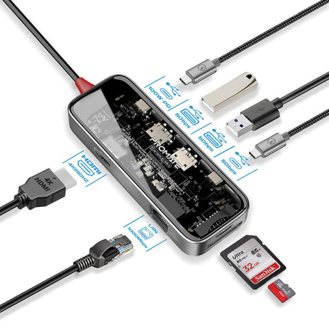8-in 1 Transparent Ultra-Fast Multiport USB-C Hub with 100W Power Delivery