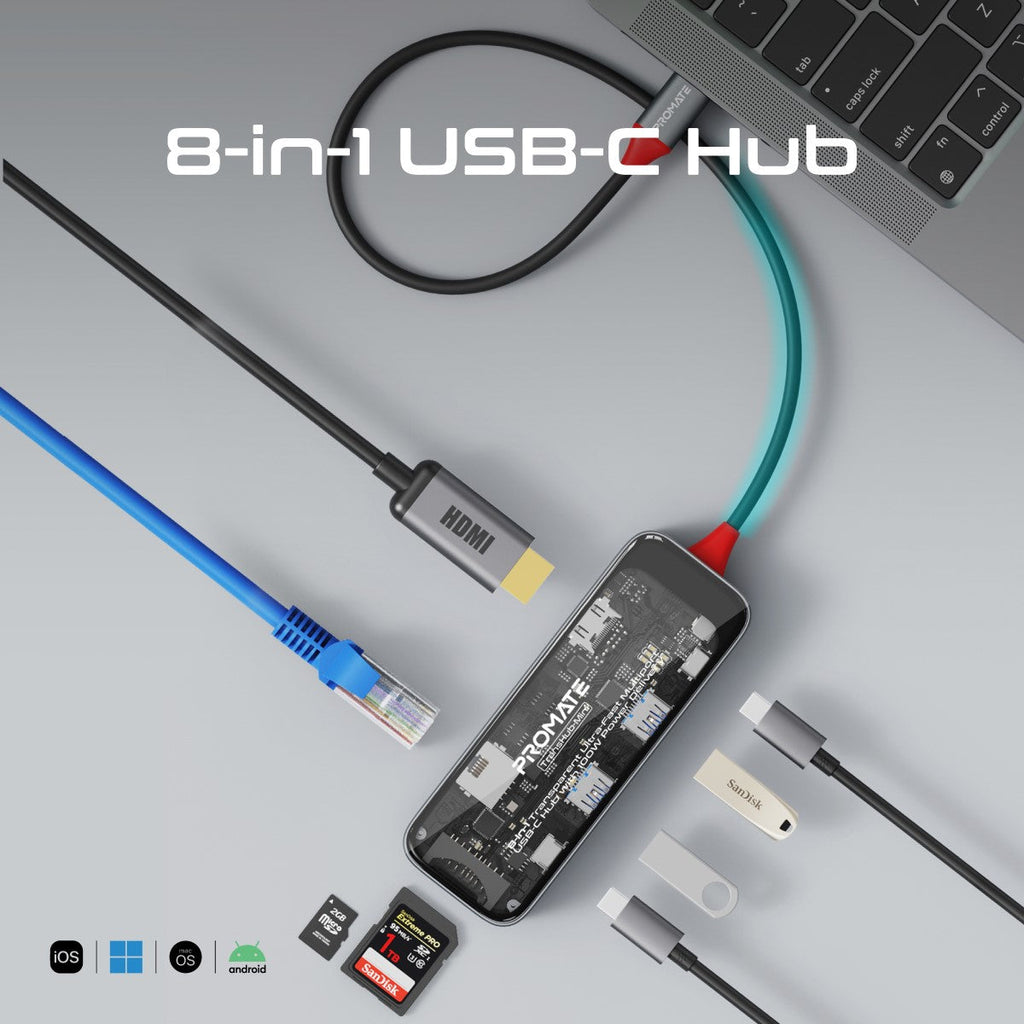 Compact Multiport Hub 8-in 1 Transparent Ultra-Fast Multiport USB-C Hub with 100W Power Deli ...