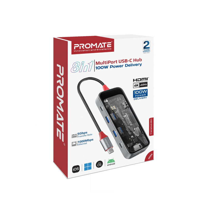 8-in 1 Transparent Ultra-Fast Multiport USB-C Hub with 100W Power Delivery