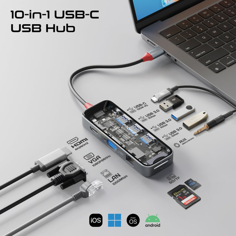 10-in-1 Transparent Multiport USB-C Hub with 100W Power Delivery