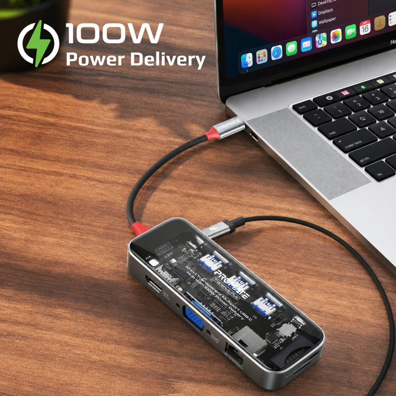 10-in-1 Transparent Multiport USB-C Hub with 100W Power Delivery