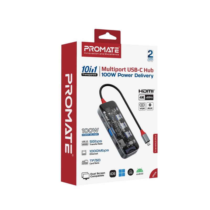 10-in-1 Transparent Multiport USB-C Hub with 100W Power Delivery