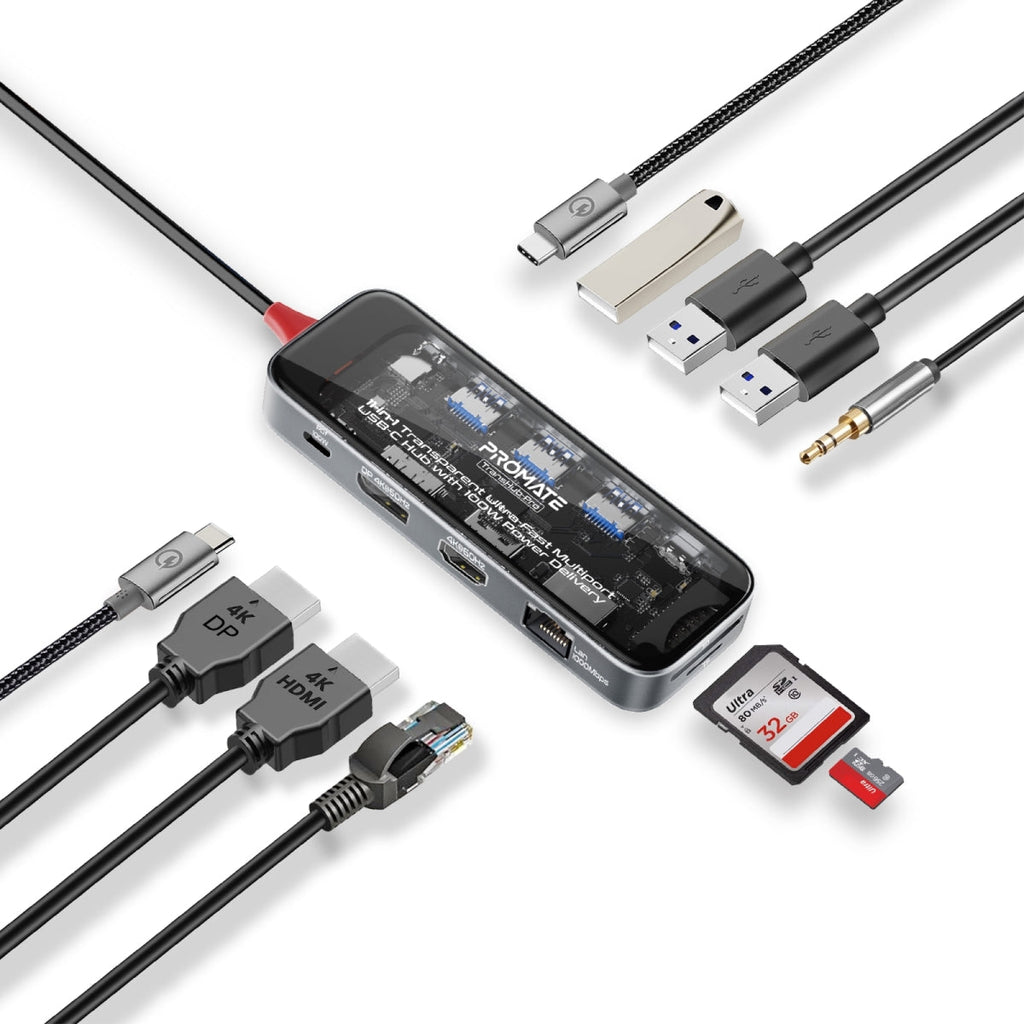 Compact Multiport Hub 11-in-1 Transparent Ultra-Fast Multiport USB-C Hub with 100W Power Del ...